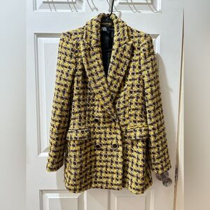 Zara Women's Yellow and Brown Checkered Blazer